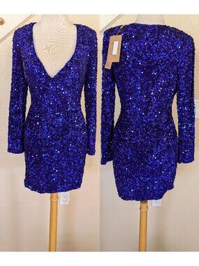 Royal Blue Sequin & Velvet Long Sleeve Cocktail Mini Dress 4